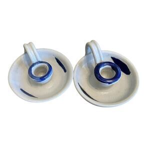 2 Vtg Colonial Williamsburg Pottery Delft Salt Glaze Candle Holder Candlestick